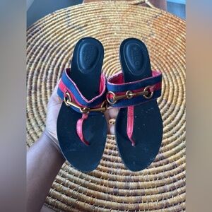 Gucci Red Leather And Web Horsebit Thong Flats Size 38